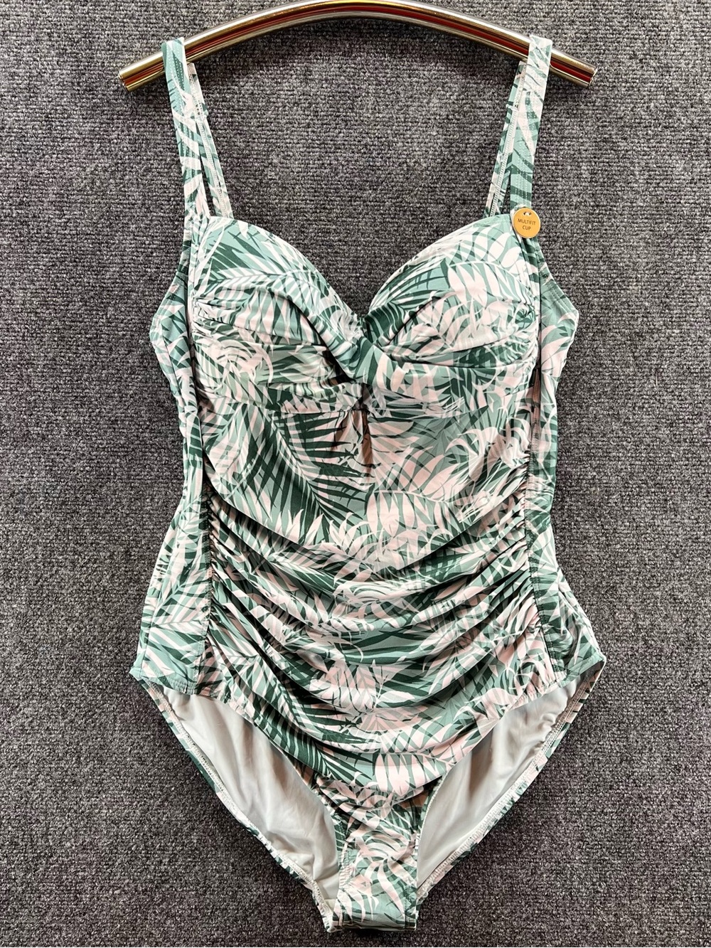 NWT Niptuck Swim One Piece Swimsuit 12 Green Palm Print Ruched Tummy Control